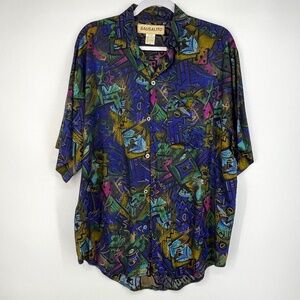 Sausalito Mens Medium Vintage Button Up Shirt Dark Multi Color Novelty Print SS